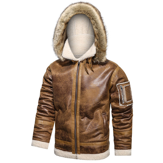 Herren Fliegerjacke aus Vintage-Lederoptik mit Teddyfutter und Kapuze Nord Taschen