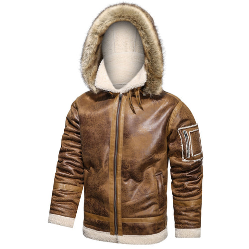 Herren Fliegerjacke aus Vintage-Lederoptik mit Teddyfutter und Kapuze Nord Taschen