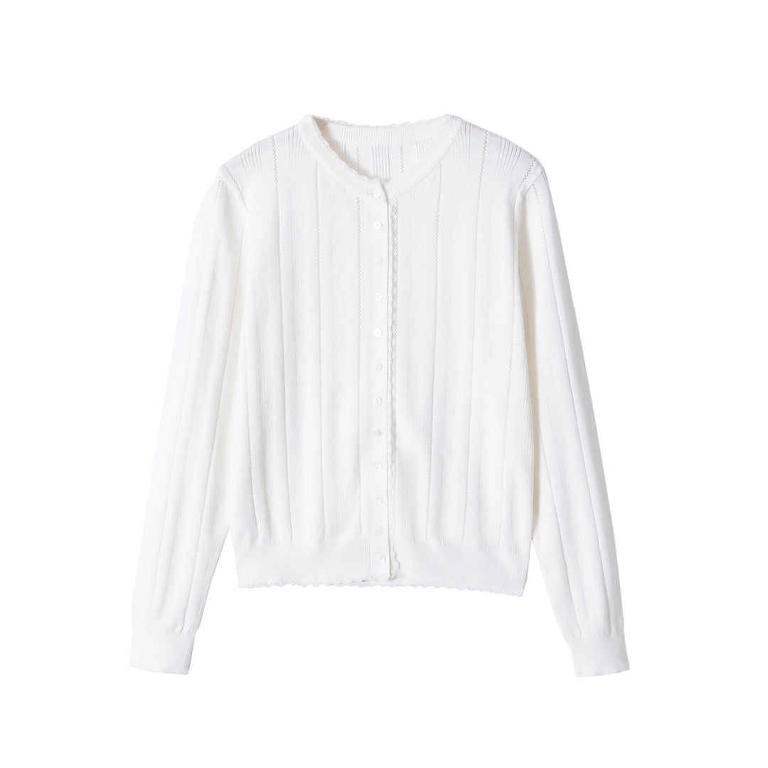 Damen Cropped Feinstrick-Cardigan mit Lochstreifen, Rundhals und Zierknopfleiste Nord Taschen