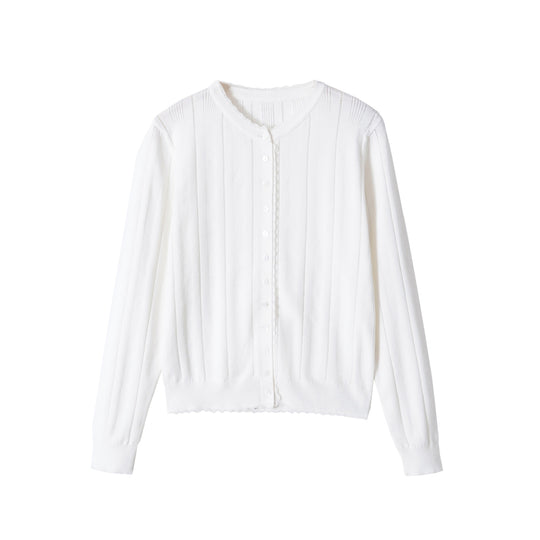 Damen Cropped Feinstrick-Cardigan mit Lochstreifen, Rundhals und Zierknopfleiste Nord Taschen