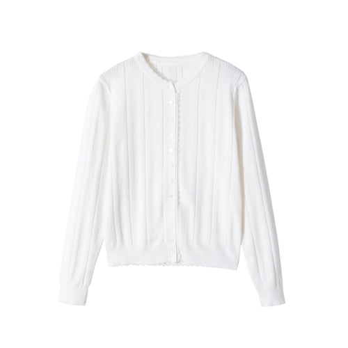 Damen Cropped Feinstrick-Cardigan mit Lochstreifen, Rundhals und Zierknopfleiste Nord Taschen