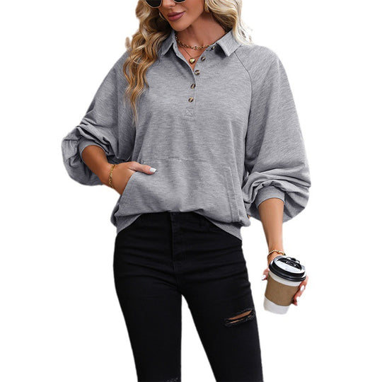 Damen Polokragen-Sweatshirt mit Knopfleiste, Raglanärmeln und Kängurutasche Nord Taschen