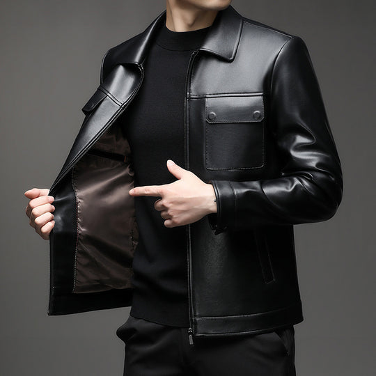 Herren Glatte Lederjacke im klassischen Hemdkragenstil mit verdecktem Reißverschluss und aufgesetzten Brusttaschen Nord Taschen