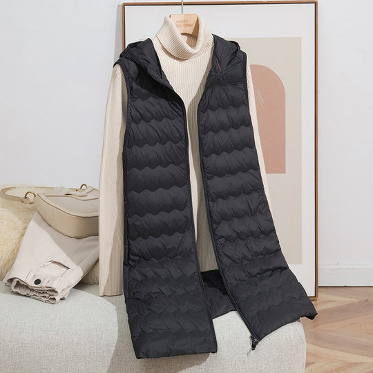 Damen Lange gesteppte Kapuzenweste mit ultraleichter Thermofüllung und Zwei-Wege-Reißverschluss Nord Taschen