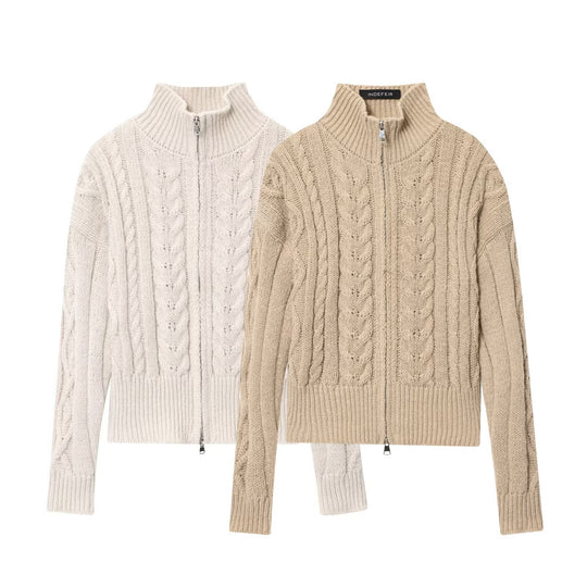 Damen Grobgestrickte Zopfstrick-Cardigan mit Stehkragen und Reißverschluss Nord Taschen