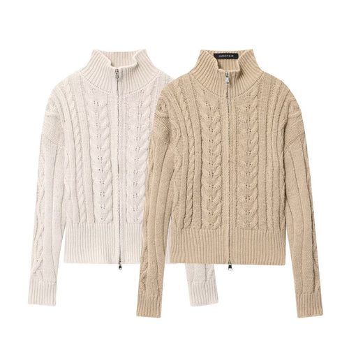 Damen Grobgestrickte Zopfstrick-Cardigan mit Stehkragen und Reißverschluss Nord Taschen