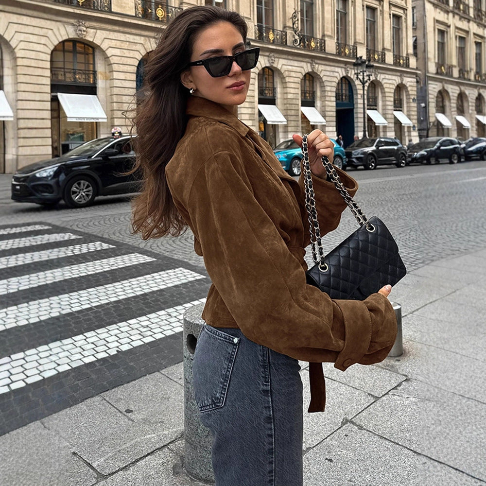 Damen Kurzblouson aus Wildleder‑Look mit Bindegürtel und kastiger Silhouette Nord Taschen