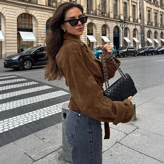 Damen Kurzblouson aus Wildleder‑Look mit Bindegürtel und kastiger Silhouette Nord Taschen