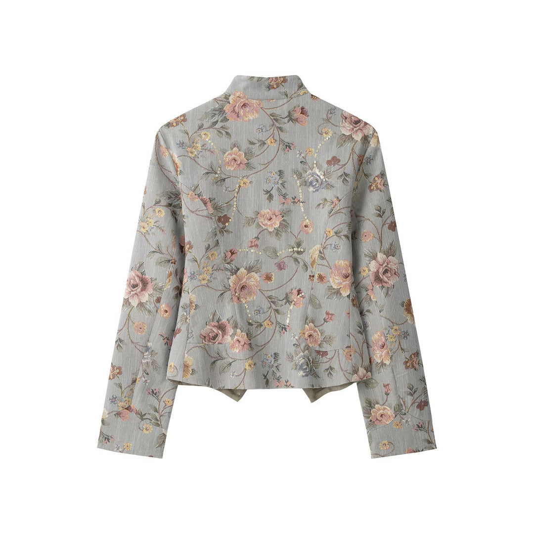 Damen Kurzjacke im Jacquard‑Blütenmuster mit Stehkragen und Zierknopfleiste Nord Taschen