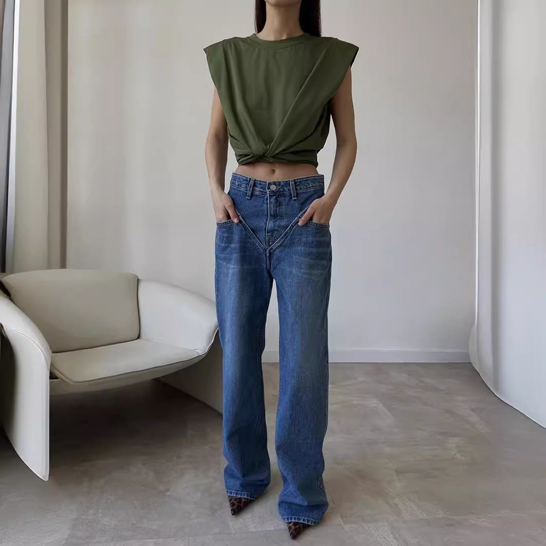 Damen hochgeschnittene weite Denim-Hose mit V-förmiger Bundnaht und extra-langem Bein Nord Taschen