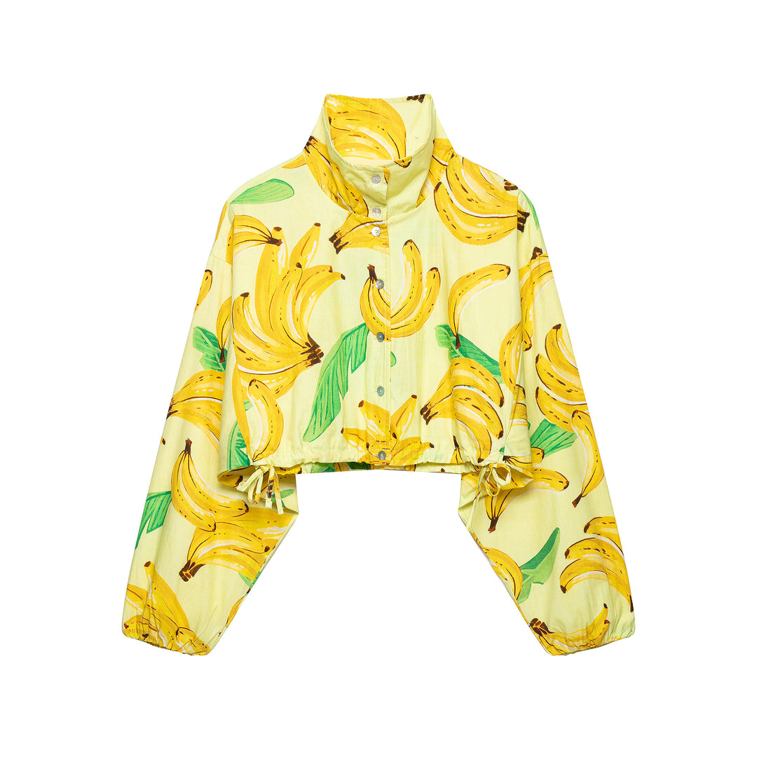 Damen Kurzbluse im Cropped-Boxy-Schnitt mit Banane‑Print, hohem Stehkragen und Tunnelzugsaum Nord Taschen