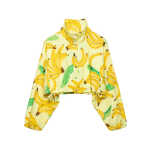 Damen Kurzbluse im Cropped-Boxy-Schnitt mit Banane‑Print, hohem Stehkragen und Tunnelzugsaum Nord Taschen