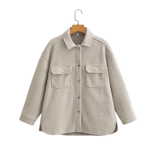 Damen Oversize Wollmix-Shacket mit Druckknopffront und aufgesetzten Pattentaschen Nord Taschen