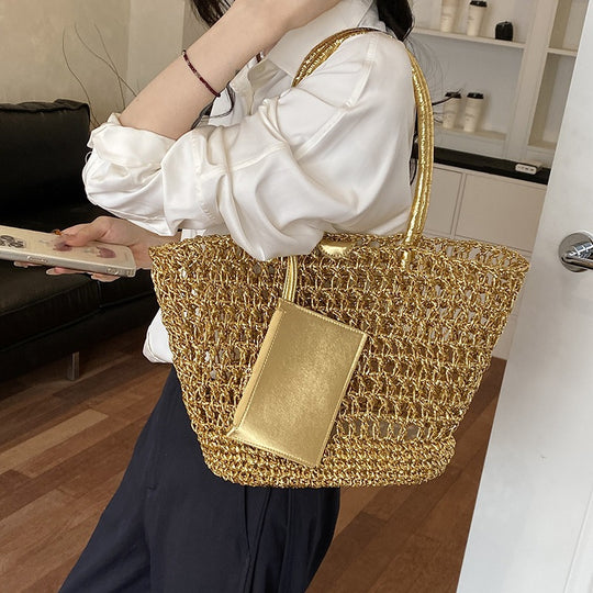 Damen modische Korbtasche mit luxuriösem Goldfinish Nord Taschen