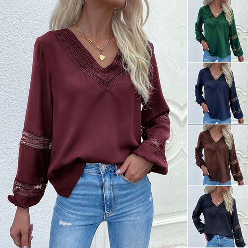 Damen Satinbluse mit V‑Ausschnitt, dekorativer Spitzenpasse und Ärmeln mit Spitzeneinsatz Nord Taschen