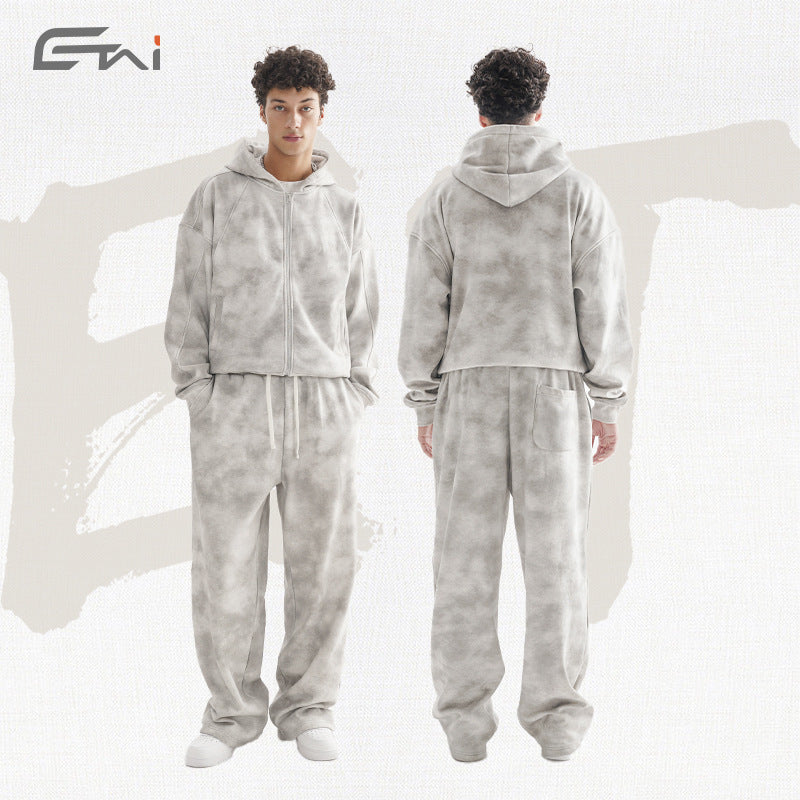 Damen Loungewear-Set aus French-Terry mit Cropped-Reißverschluss-Hoodie und weit geschnittener Sweatpant Nord Taschen