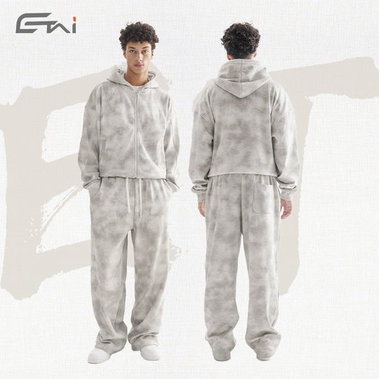Damen Loungewear-Set aus French-Terry mit Cropped-Reißverschluss-Hoodie und weit geschnittener Sweatpant Nord Taschen