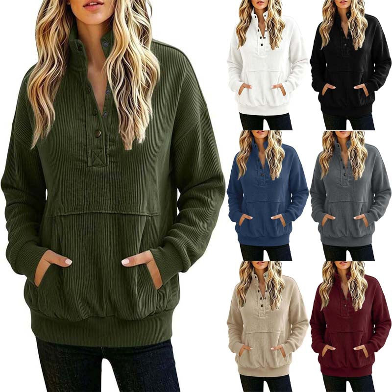 Damen gerippter Henley-Pullover mit Stehkragen und Kängurutasche Nord Taschen