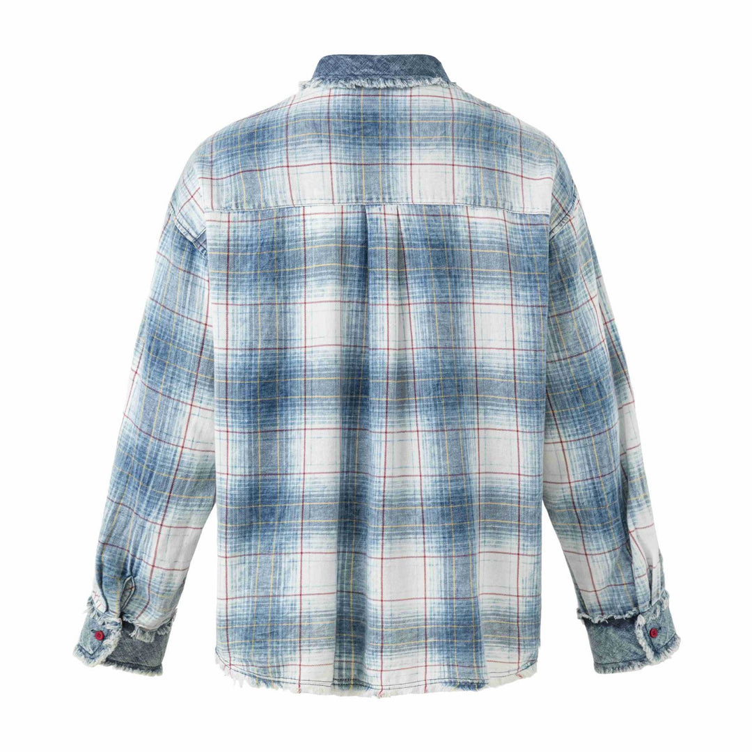 Damen Oversize kariertes Hemdjacke mit Denim-Applikationen und ausgefransten Kanten Nord Taschen