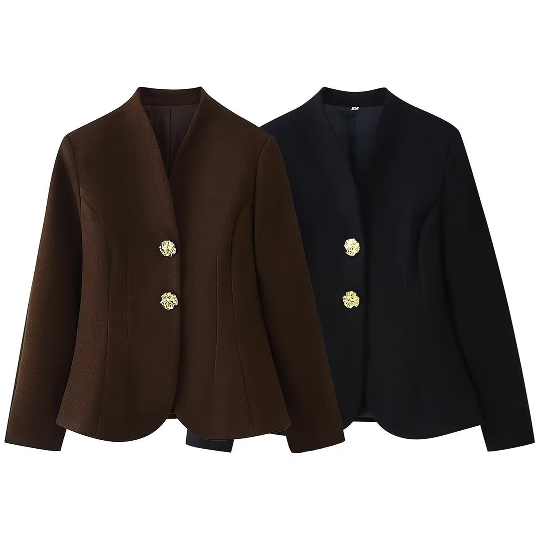 Damen Taillierter Blazer ohne Revers mit goldenen Zierknöpfen Nord Taschen