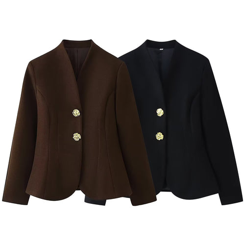 Damen Taillierter Blazer ohne Revers mit goldenen Zierknöpfen Nord Taschen