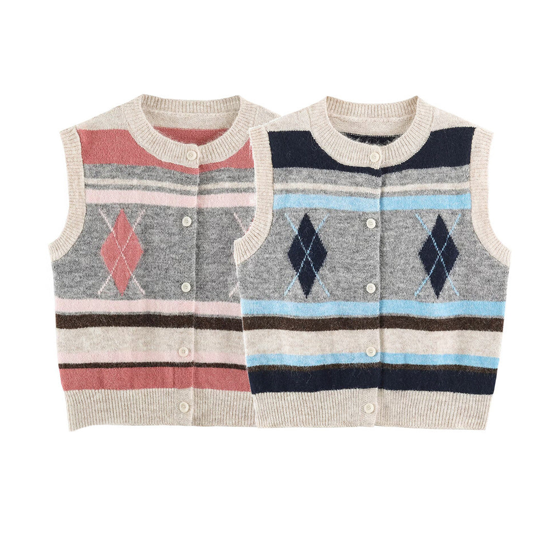Damen Ärmellose Argyle-Strickweste mit durchgehender Knopfleiste und geripptem Saum Nord Taschen