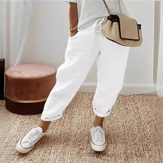 Damen Lässige Leinen-Joggerhose mit hohem Bund, Tunnelzug und gekrempeltem Saum Nord Taschen