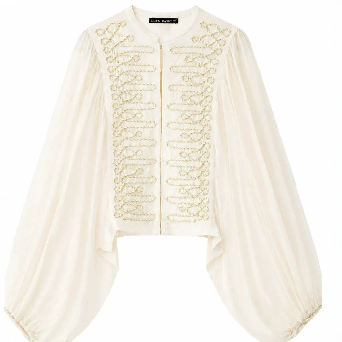 Damen Kurzbluse im Folklore‑Militärstil mit voluminösen Bischofärmeln Nord Taschen