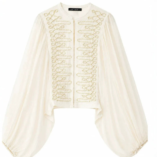 Damen Kurzbluse im Folklore‑Militärstil mit voluminösen Bischofärmeln Nord Taschen