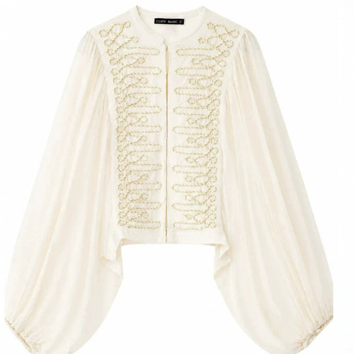 Damen Kurzbluse im Folklore‑Militärstil mit voluminösen Bischofärmeln Nord Taschen