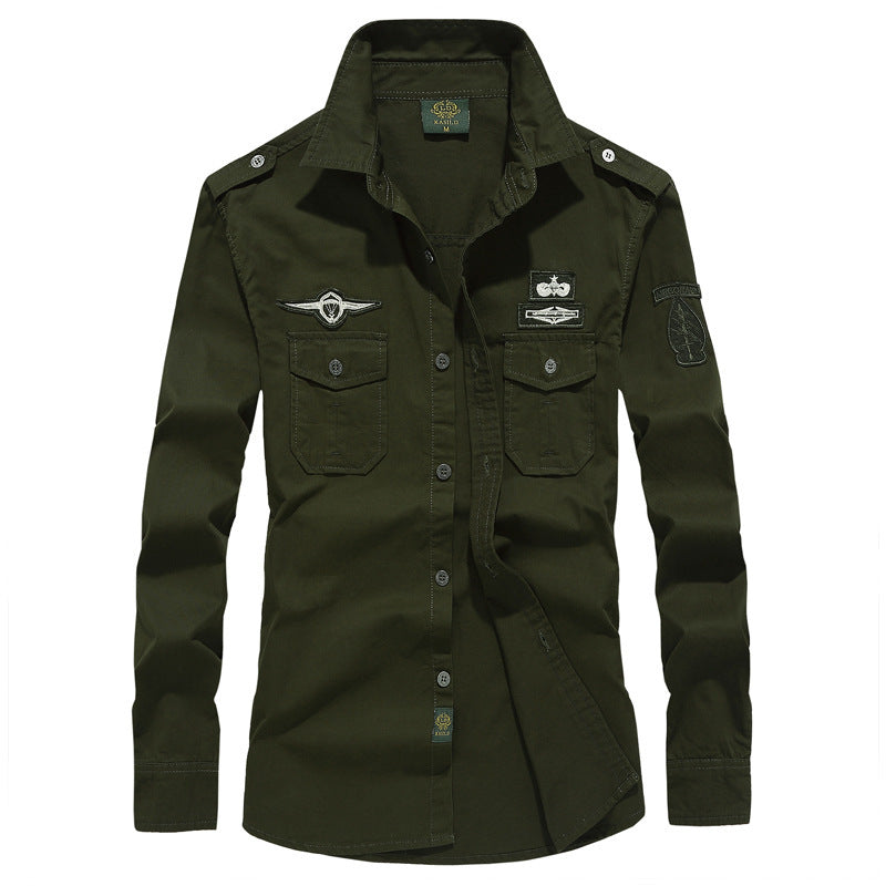 Herren  militärisch inspiriertes Langarm-Utility-Hemd mit Schulterklappen, aufgesetzten Brusttaschen und Abzeichen Nord Taschen