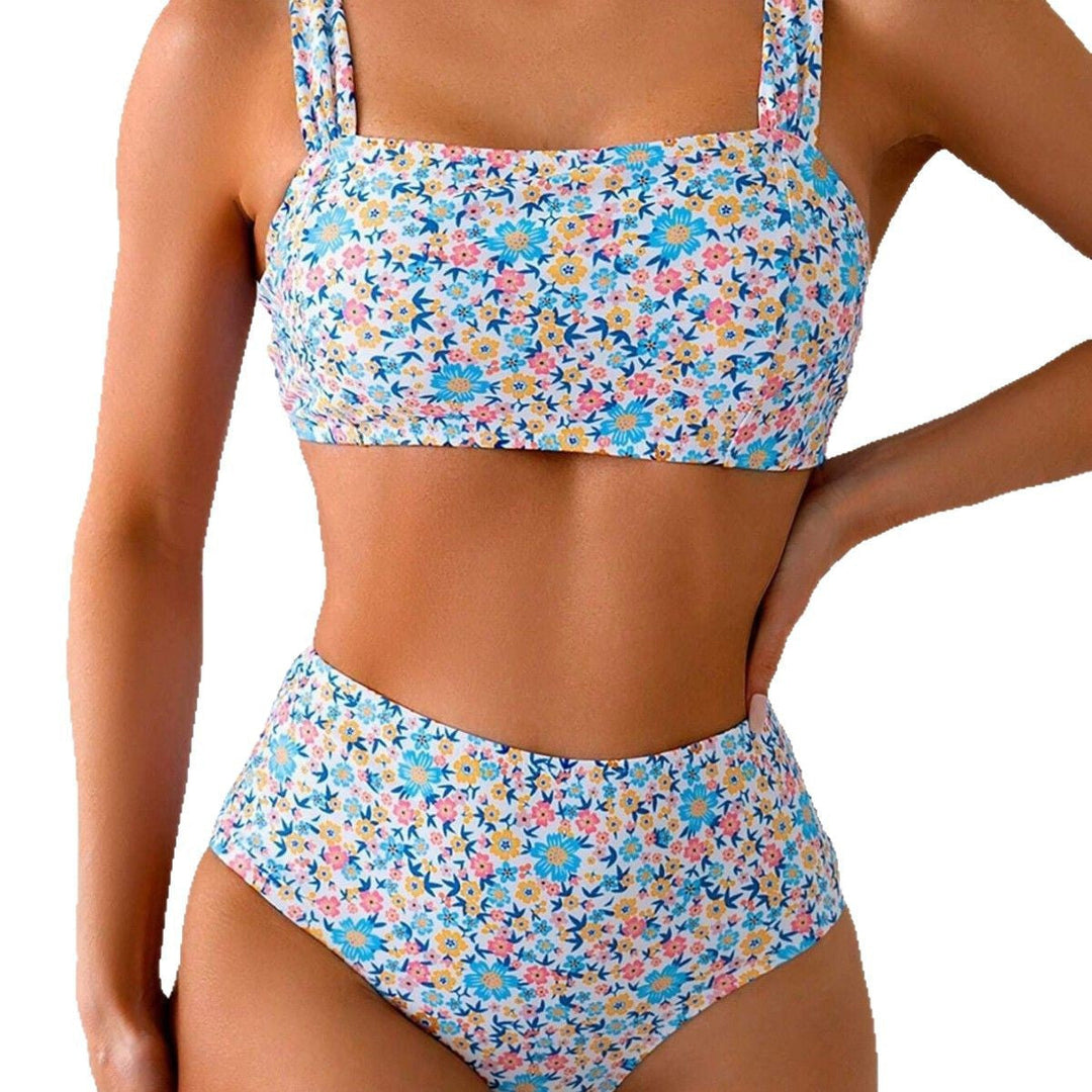 Damen Hoch Tailliertes Bikini-Set mit Floralen Mustern und Breiten Trägern