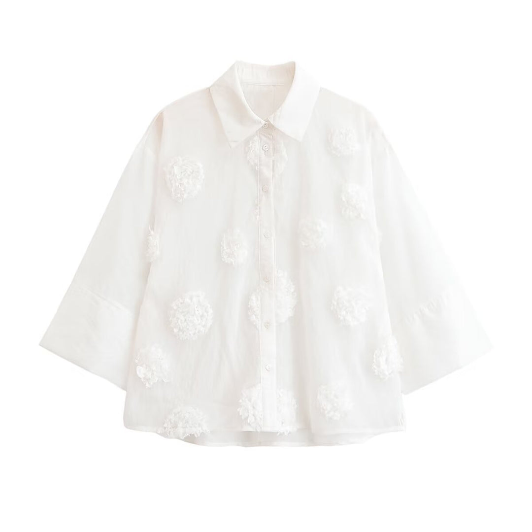 Damen Bluse mit dreiviertelärmeln und dreidimensionalen Blütenapplikationen Nord Taschen