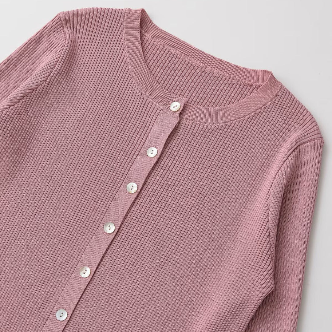 Damen Feinripp-Feinstrick-Cardigan mit durchgehender Knopfleiste und Rundhalsausschnitt Nord Taschen