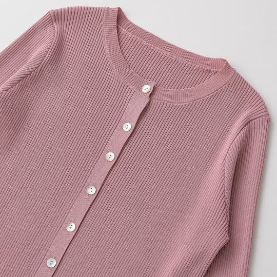Damen Feinripp-Feinstrick-Cardigan mit durchgehender Knopfleiste und Rundhalsausschnitt Nord Taschen