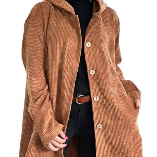 Damen Langer Kapuzen-Strickcardigan mit Rippenstruktur, Knopfleiste und Seitentaschen Nord Taschen