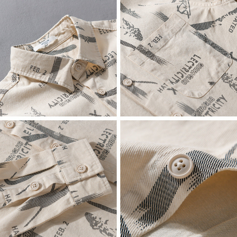 Herren Leichtes Baumwoll-Crinkle Hemd im Relaxed-Fit mit Typo-Alloverprint und aufgesetzter Brusttasche Nord Taschen