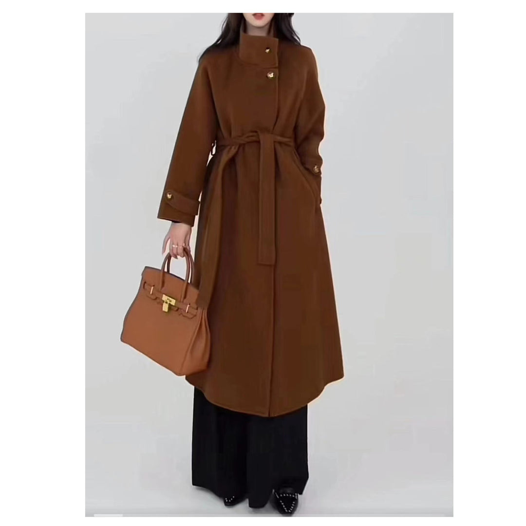 Damen Langmantel aus Wollmix mit Stehkragen und Bindegürtel Nord Taschen