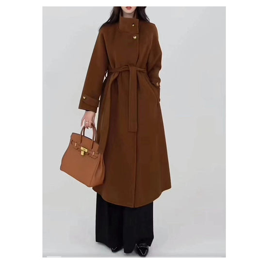 Damen Langmantel aus Wollmix mit Stehkragen und Bindegürtel Nord Taschen