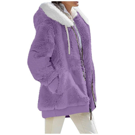 Damen Kuschelige Teddy-Kapuzenjacke mit Kontrastbesatz, Reißverschluss und Eingrifftaschen Nord Taschen