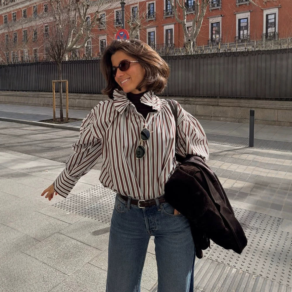 Damen Gestreifte Oversized-Bluse mit Rüschkragen & voluminösen Puffärmeln Nord Taschen