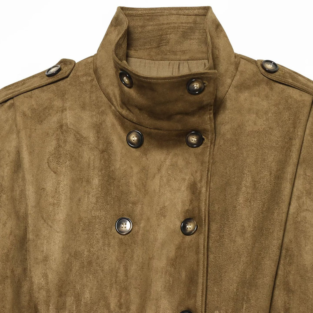 Damen Kurzgeschnittene doppelreihige Wildlederoptik‑Jacke mit Stehkragen und Schulterpatten Nord Taschen