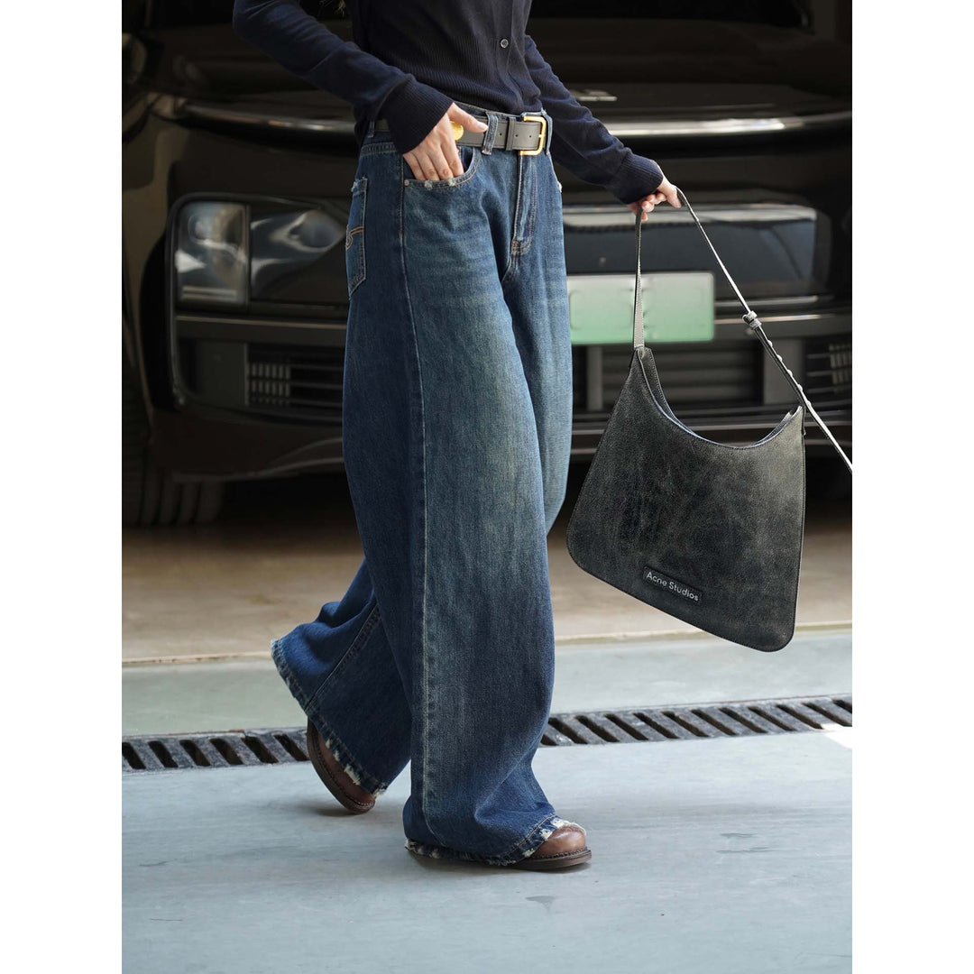 Damen Weite Vintage-Denim Jeans mit hohem Bund und ausgefranstem Saum Nord Taschen