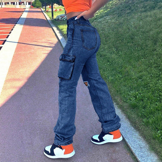 Damen High-Waist Cargo-Jeans mit geradem Bein, Knie-Rissen und seitlicher Klappentasche Nord Taschen
