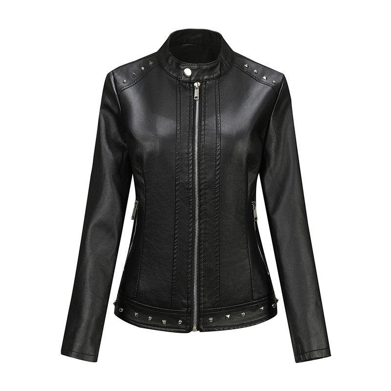 Damen Bikerjacke aus Lederimitat mit Nietenverzierung und tailliertem Schnitt Nord Taschen