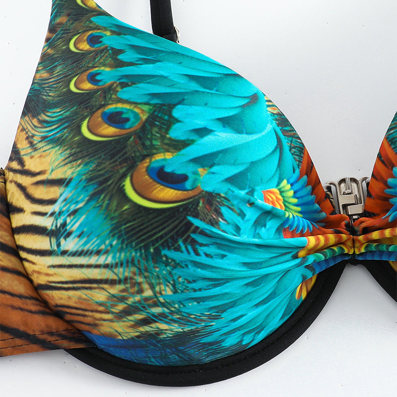 Damen Push-Up Bikini-Set mit exotischem Pfauenmuster und eleganten Schmuckdetails Nord Taschen