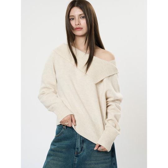 Damen Schulterfreier Oversize-Rippstrickpullover mit umgeschlagenem Kragen Nord Taschen