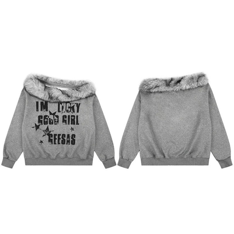 Damen Off-Shoulder Oversize-Sweatshirt mit kuscheligem Faux-Fur-Kragen und distressed Stern-Print Nord Taschen