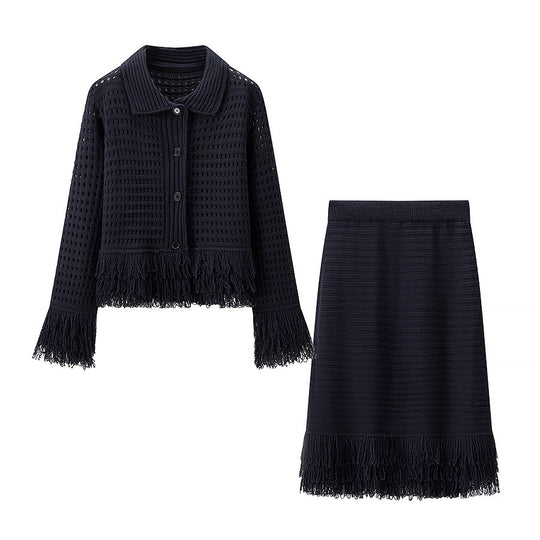 Damen Taillierte Strickjacke mit Fransenbesatz und Hemdkragen Nord Taschen