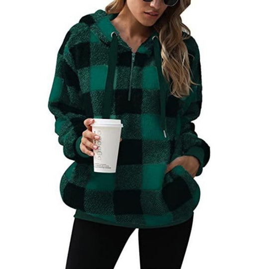Damen Oversized Sherpa-Hoodie im Karomuster mit halbem Reißverschluss und Kängurutasche Nord Taschen